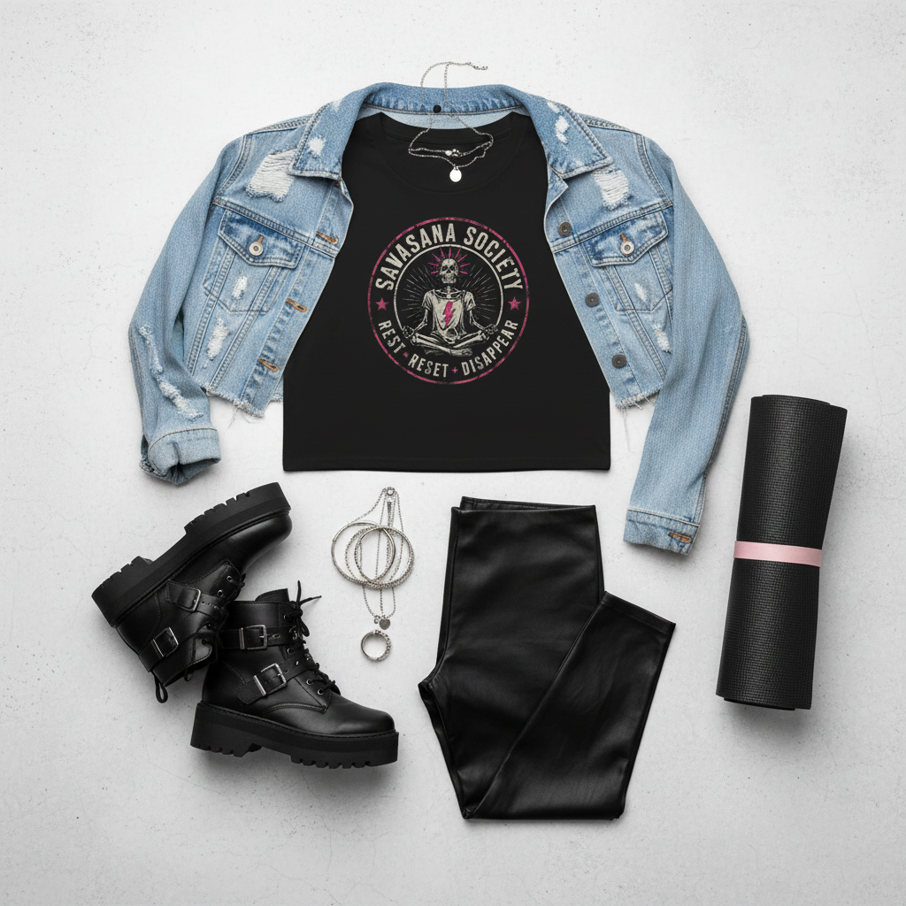 A styled flat-lay outfit on a light gray background featuring a black graphic tank top with a 'Samsara Society' print, layered under a light-wash distressed denim jacket. The outfit is accessorized with black combat boots, black faux-leather pants, a silver chain necklace, and a rolled-up black yoga mat with a pink band.