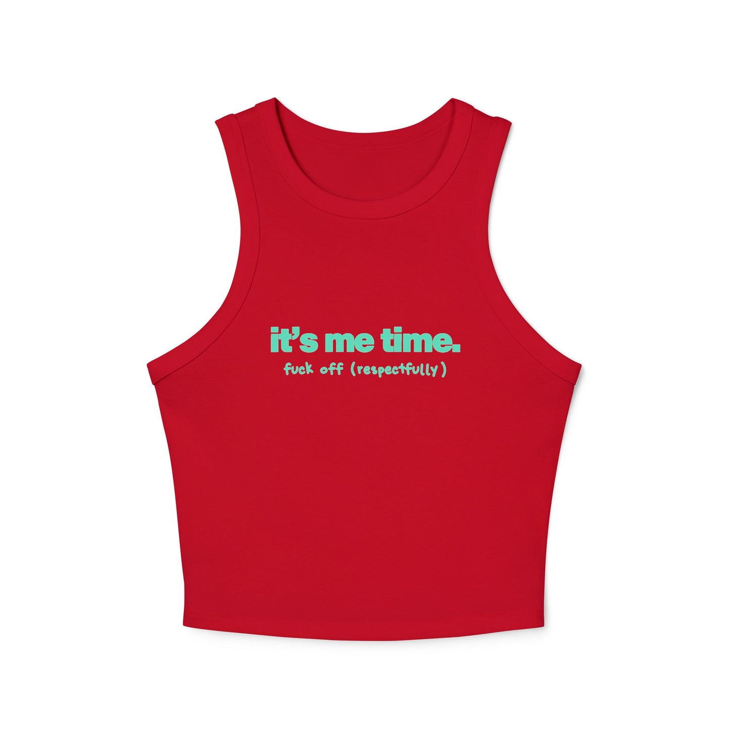 Red fitted tank top with turquoise slogan graphic at the chest