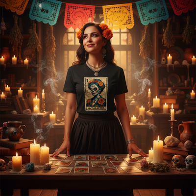 A woman stands behind a table in a candlelit, mystical room wearing a black graphic T-shirt with a colorful Day of the Dead style print and a dark skirt. The scene includes candles, tarot cards, skulls, dried herbs, and festive papel picado banners.