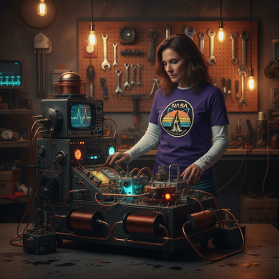 Person wearing a NASA t-shirt in a workshop setting with electronic equipment.