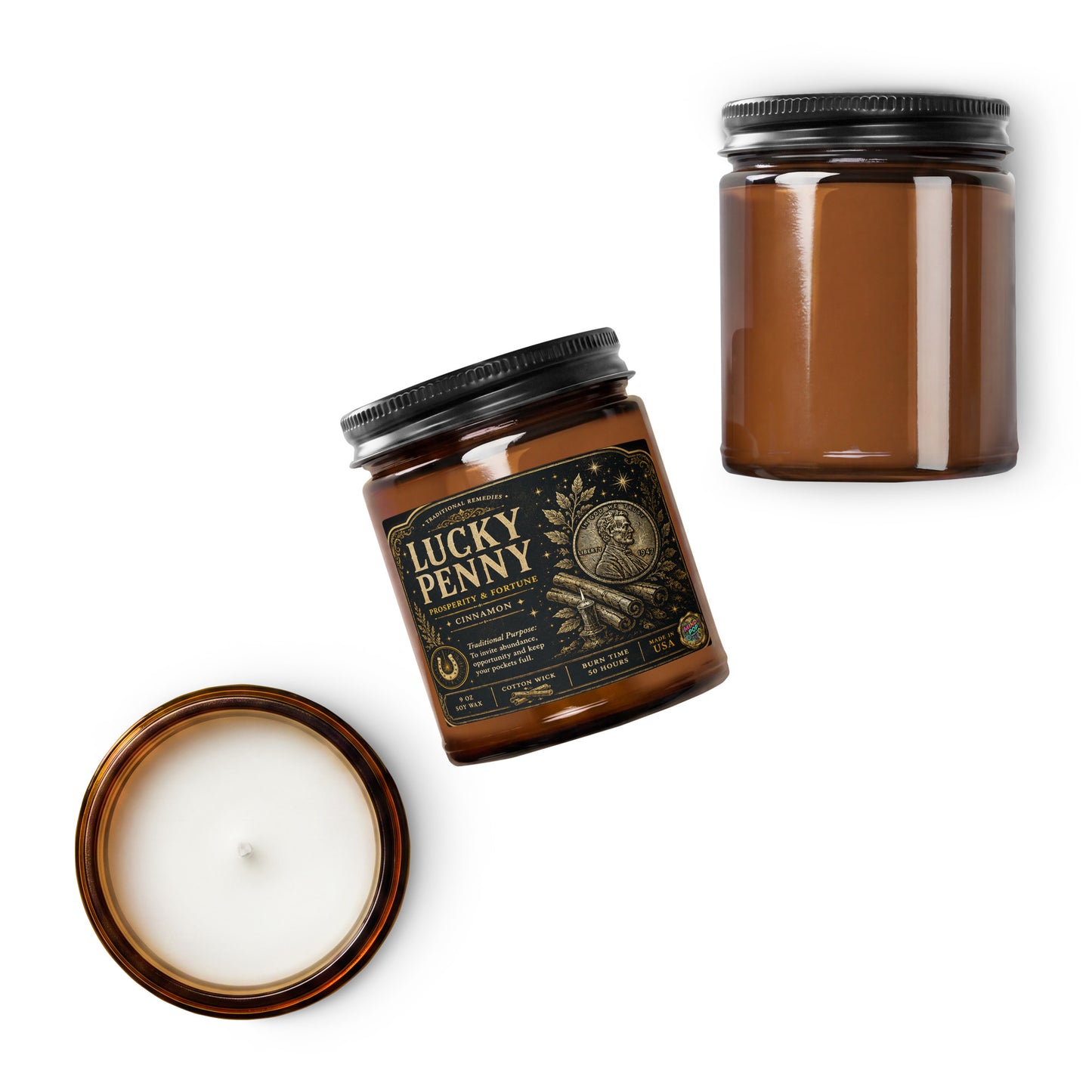 Lucky Penny cinnamon soy candle for prosperity and fortune, additional view