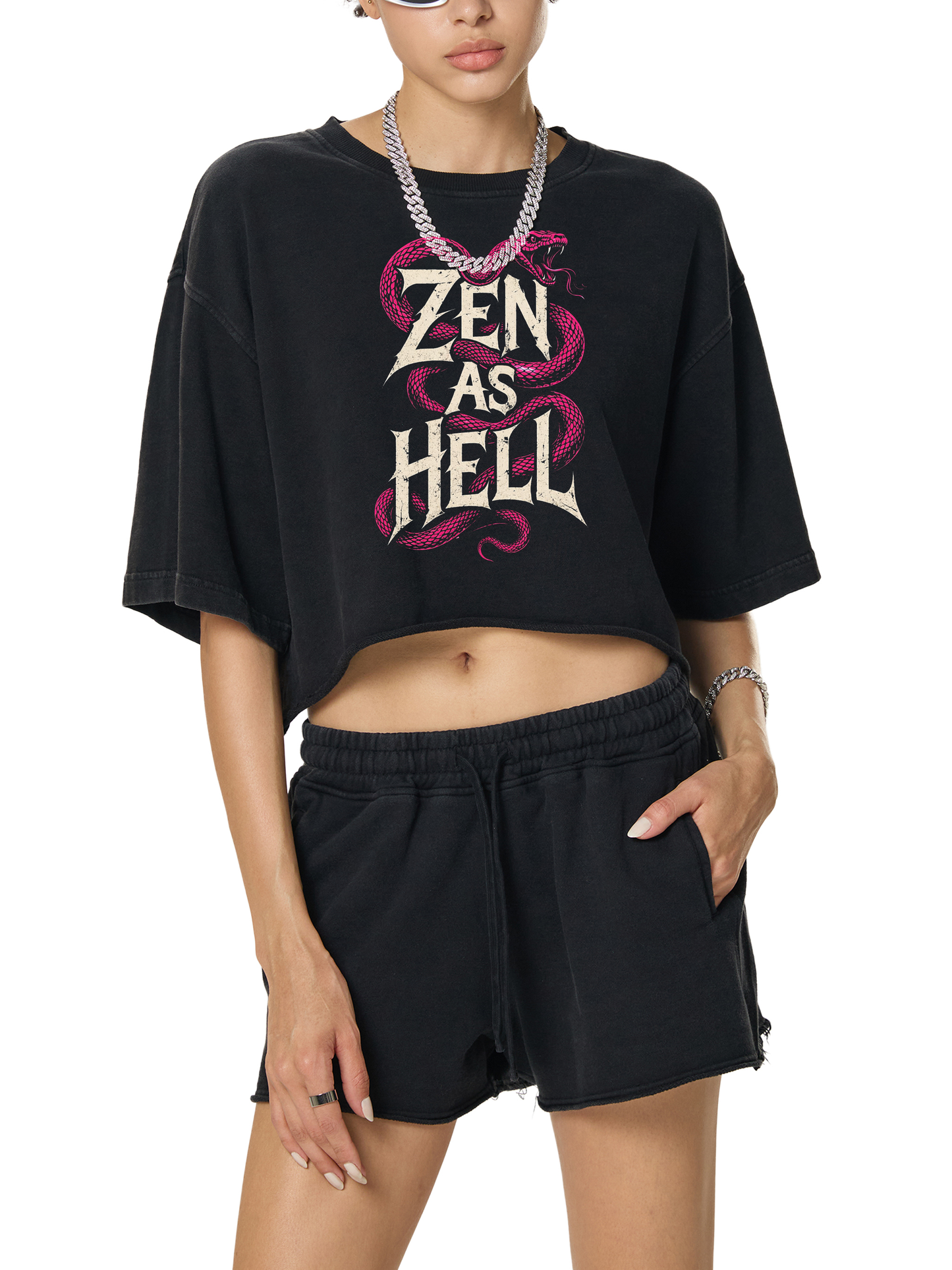 Snow Washed Raw Edge Crop Top – Zen As Hell Print