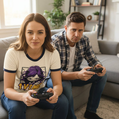 1 V 1 Me ringer shirt on woman playing video games against her husband