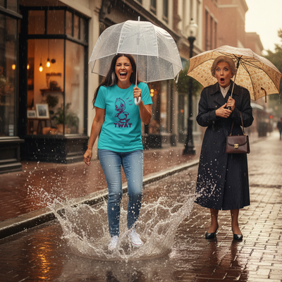 A woman in a turquoise graphic t-shirt and jeans jumps in a puddle on a rainy city street under a clear umbrella, while a man in a dark coat watches her. The t-shirt features a cartoon graphic with the text 'TWAT'.