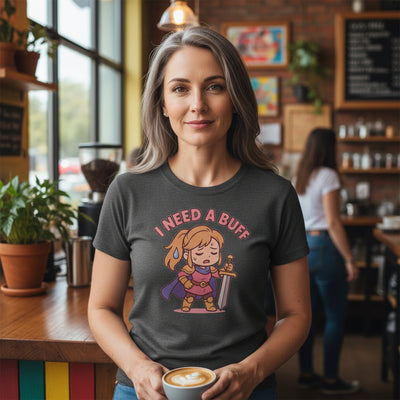 i need a buff shirt ona woman grabbing coffee