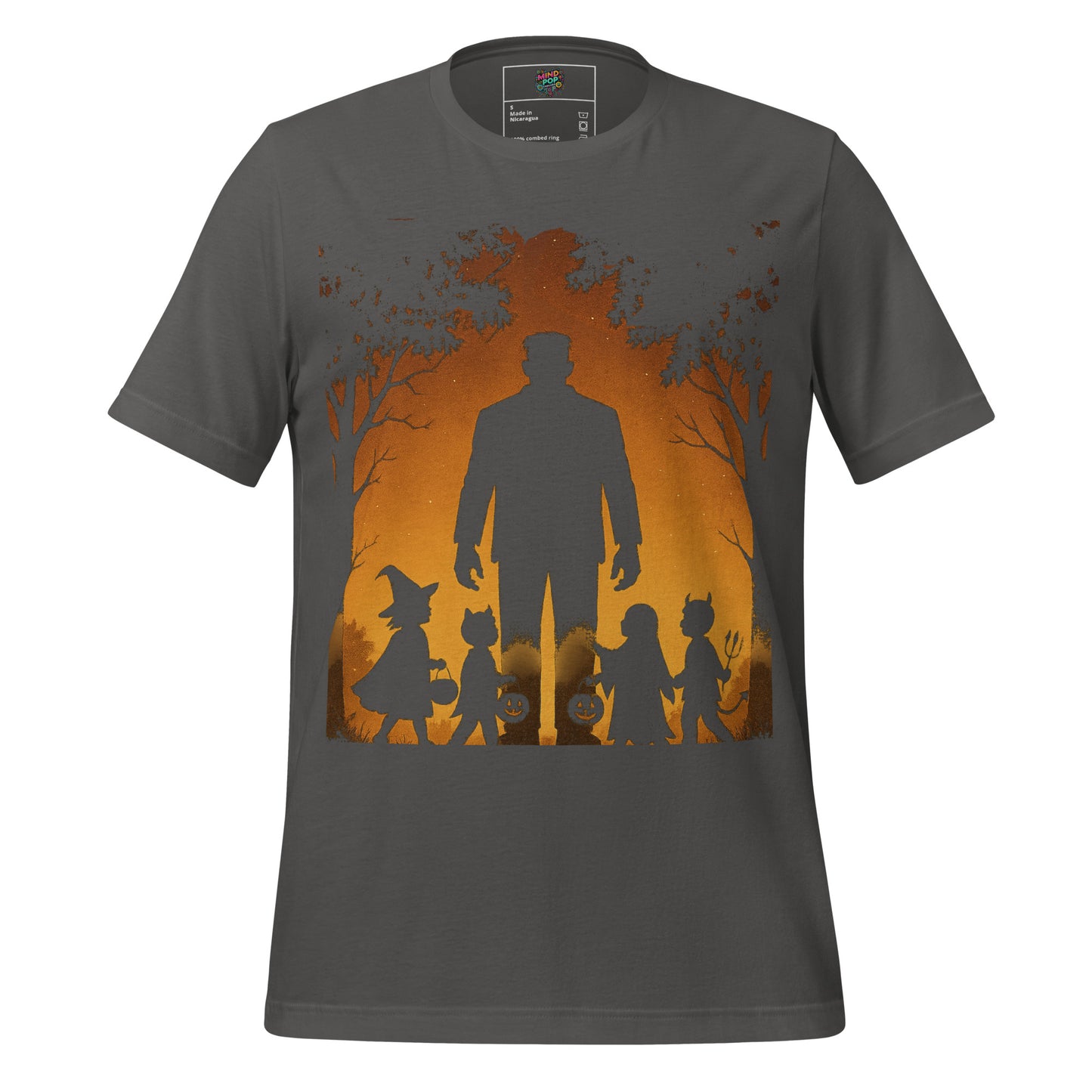 A dark gray crewneck t-shirt featuring a Halloween-themed graphic print of a silhouetted father figure standing with his children in front of an orange autumn tree background.