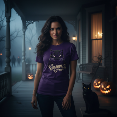 A woman stands on a foggy Halloween porch wearing a purple graphic T-shirt with a black cat illustration and the words 'SHADOWS Fear'. A black cat sits on the porch beside her, with glowing jack-o'-lanterns and warm window lights in the background.