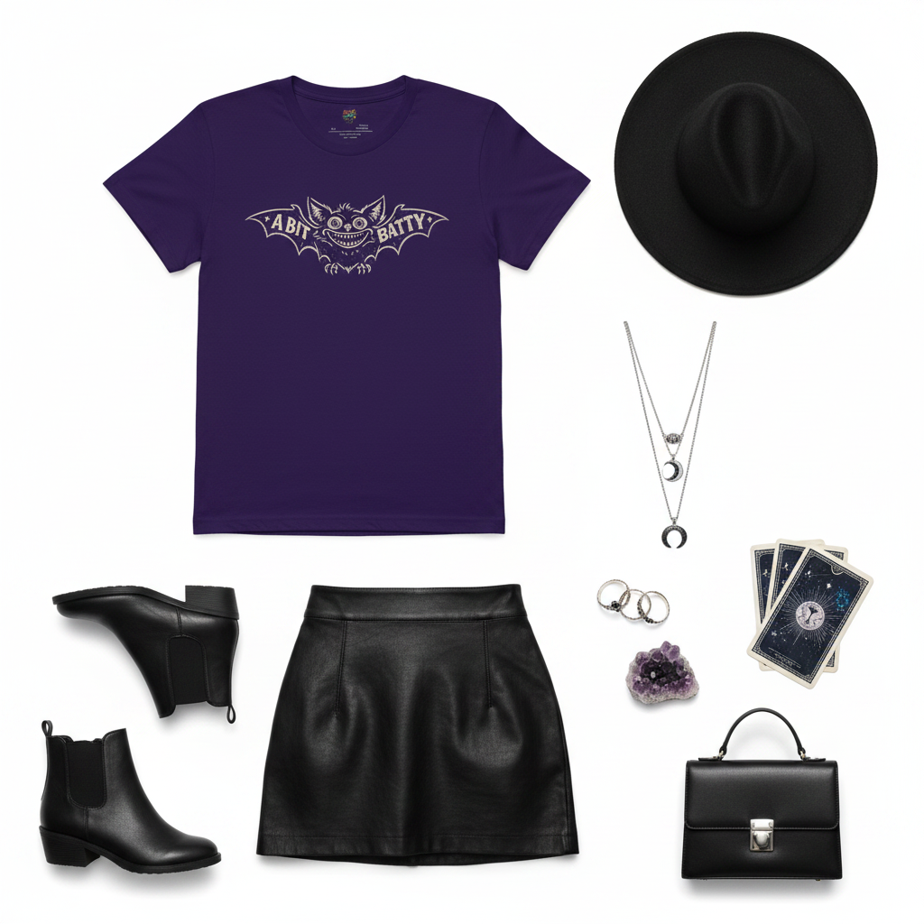 A flat-lay outfit arrangement on a white background featuring a purple graphic T-shirt with a bat-themed print, a black wide-brim hat, black ankle boots, a black mini skirt, layered silver necklaces, rings, a crystal cluster, tarot cards, and a black handbag.