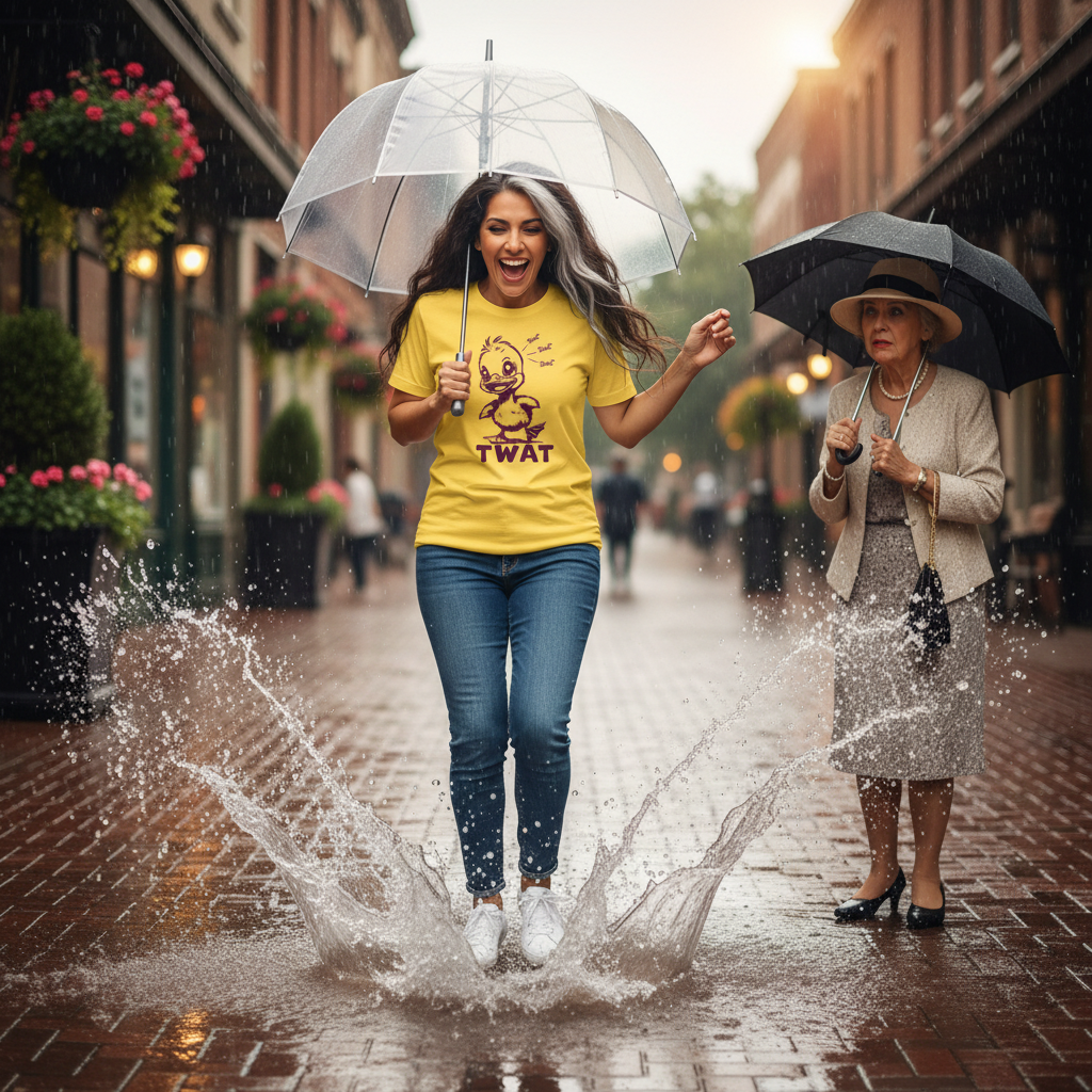 A woman in a yellow graphic T-shirt and blue jeans jumps in a rain-splashed puddle on a wet brick street, holding a clear umbrella. Another woman in a beige coat and hat stands nearby under a black umbrella in a rainy outdoor street setting.