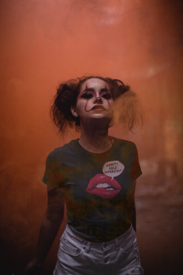 evil clown in smoke with mindpop threads graphic tee "smite me daddy" punk lips