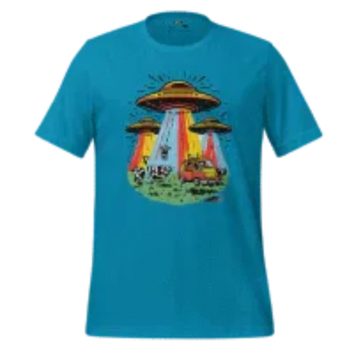 Alien Invasion Graphic Tee — Retro Sci-Fi Style Aqua