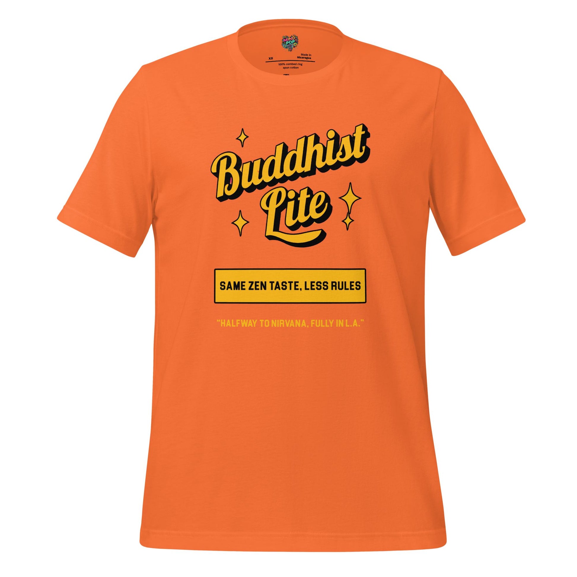 Buddhist Lite Graphic Tee — Funny Meditation Shirt Orange