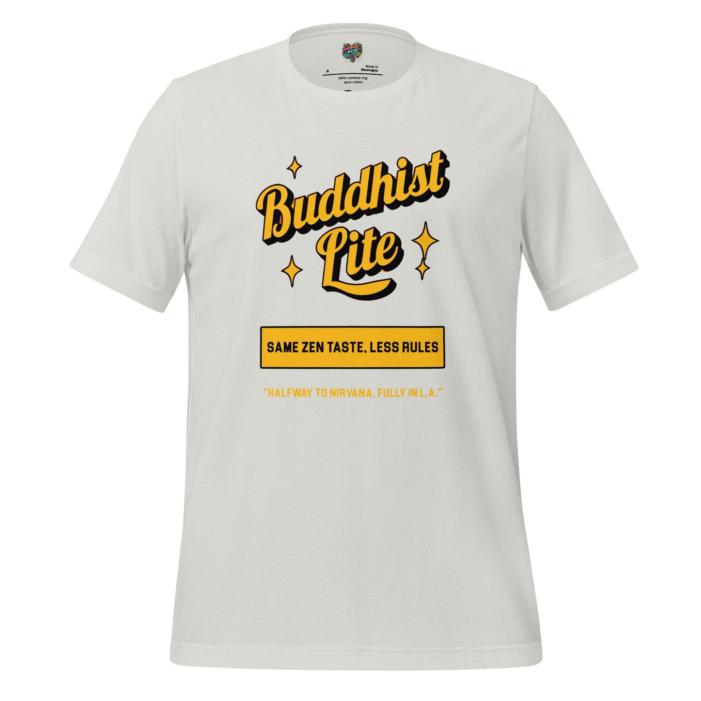 Buddhist Lite Graphic Tee — Funny Meditation Shirt Silver