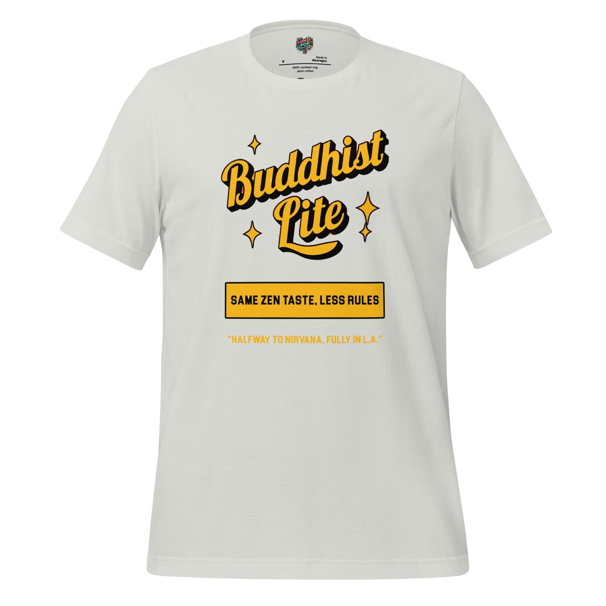 Buddhist Lite Graphic Tee — Funny Meditation Shirt Silver