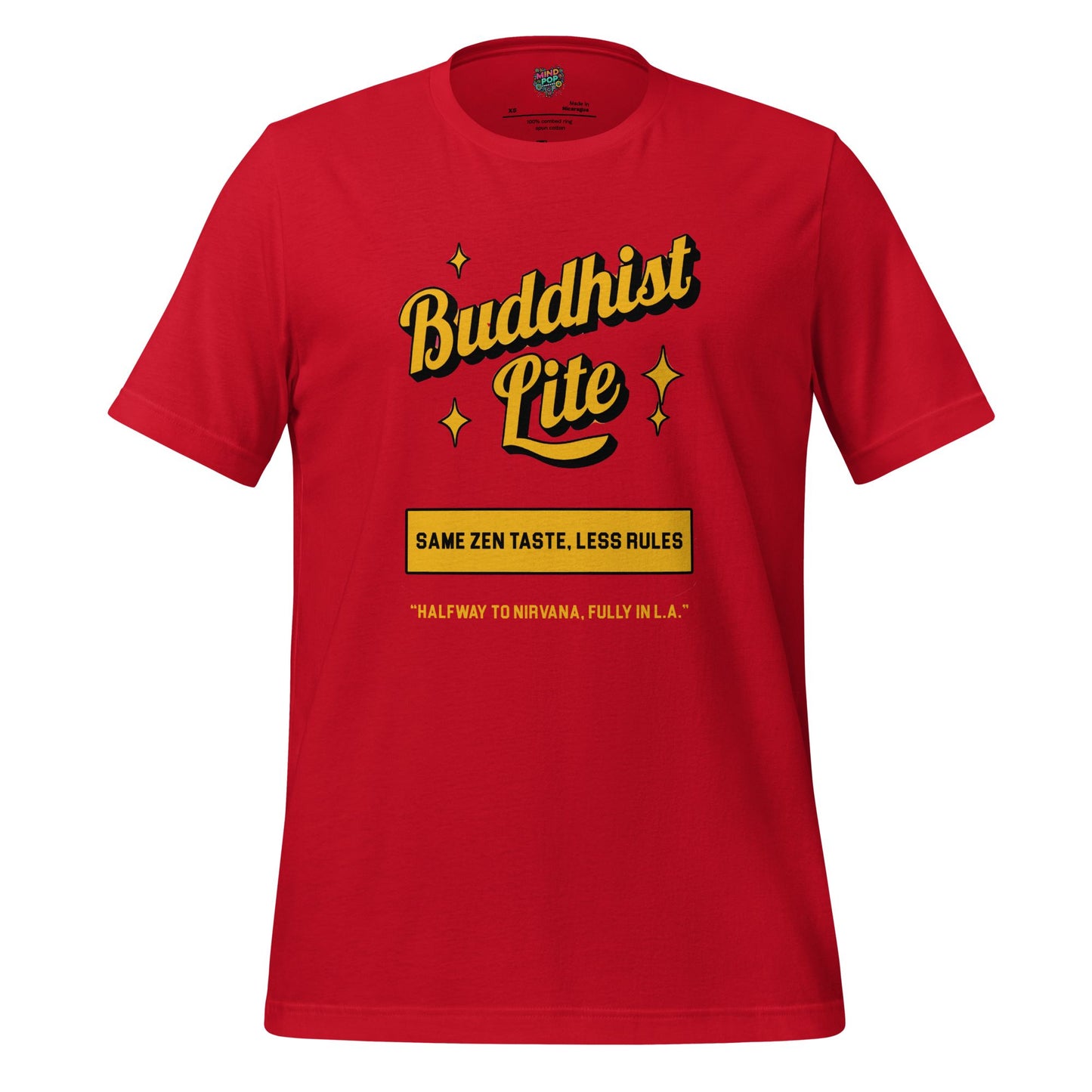 Buddhist Lite Graphic Tee — Funny Meditation Shirt Red