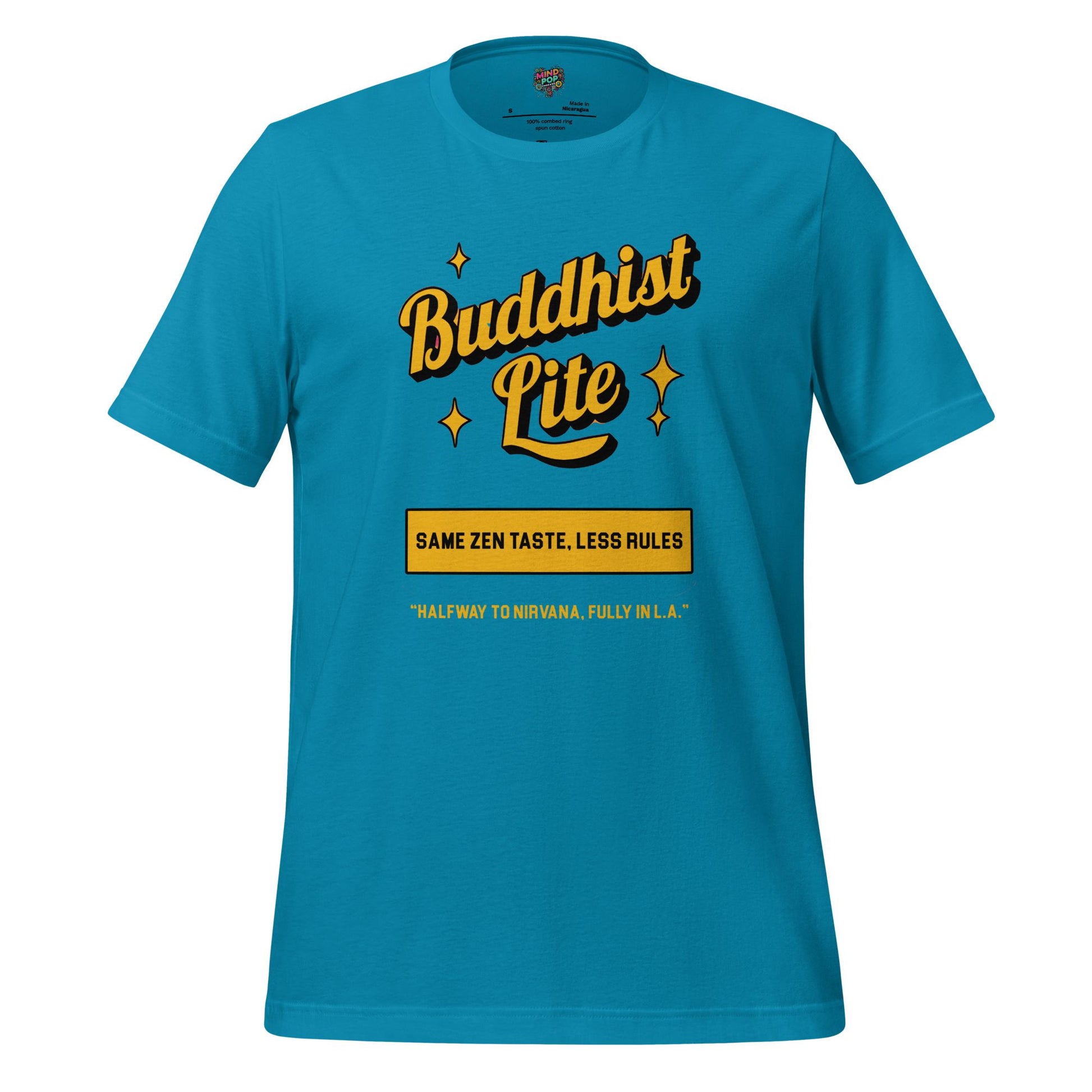 Buddhist Lite Graphic Tee — Funny Meditation Shirt Aqua
