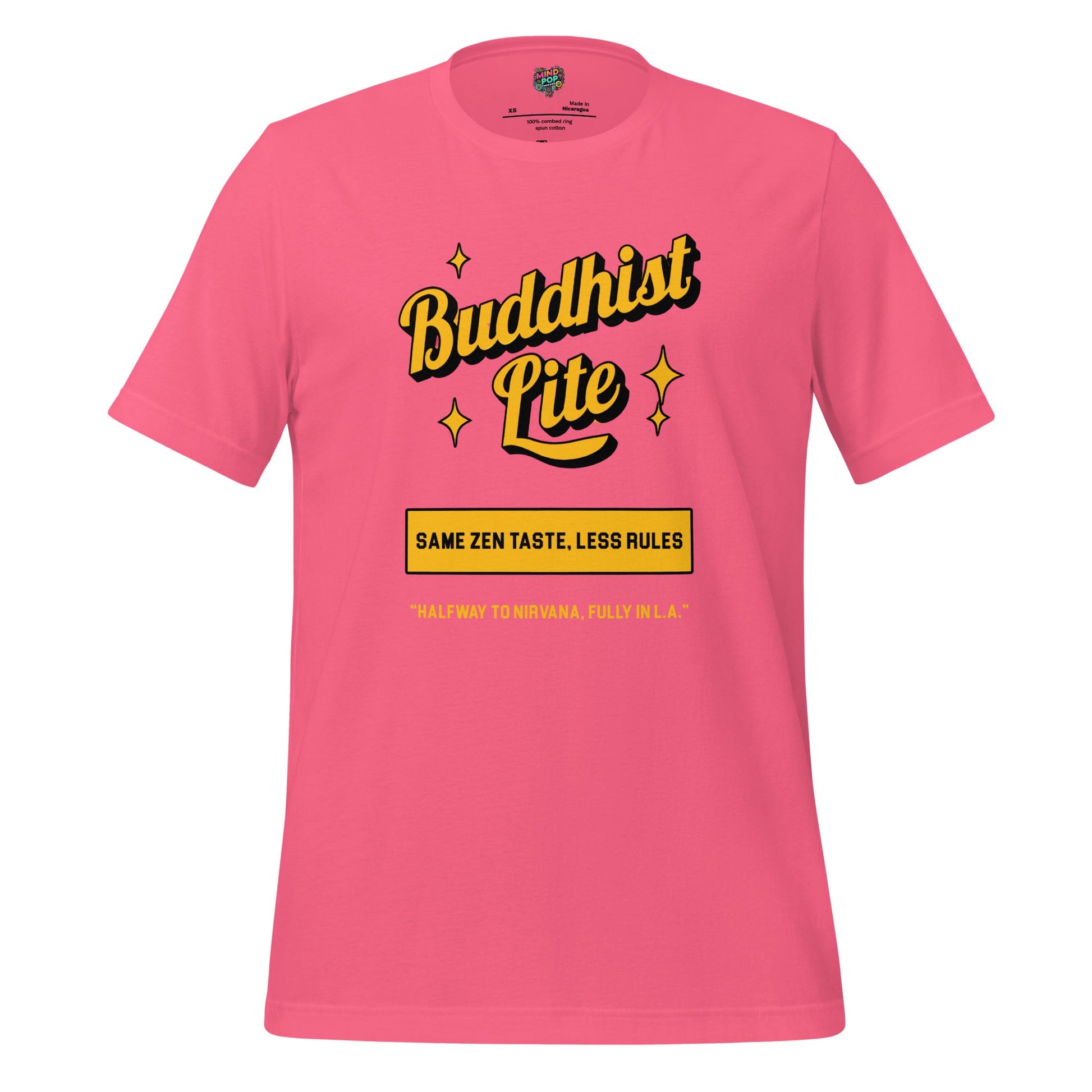Buddhist Lite Graphic Tee — Funny Meditation Shirt Charity Pink