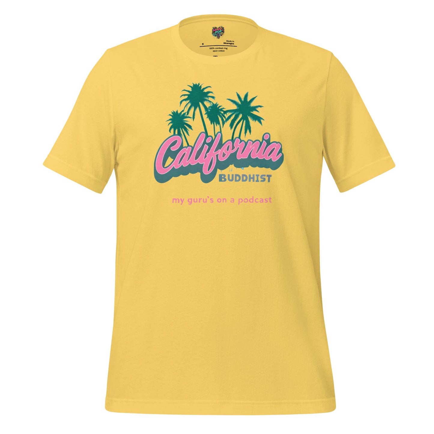 California Buddhist Surf Tee — Retro West Coast Vibe Yellow