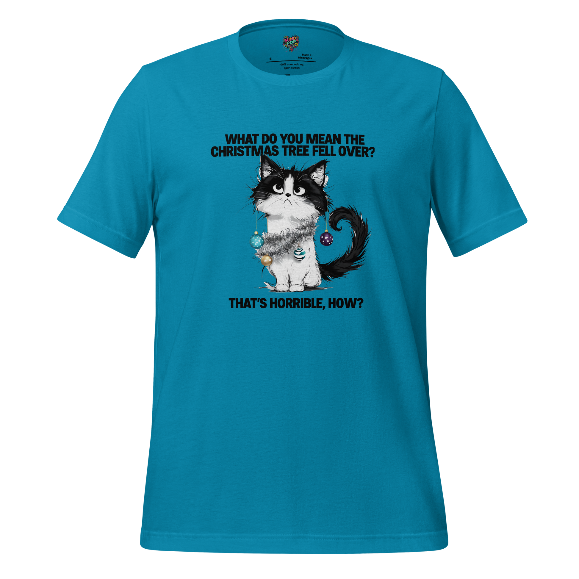 Cat vs. Christmas Tree Shirt Aqua