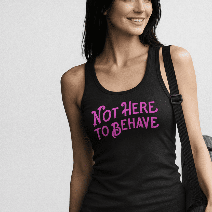 Woman wearing a tank top with 'Not Here To Behave' text, holding a yoga mat.