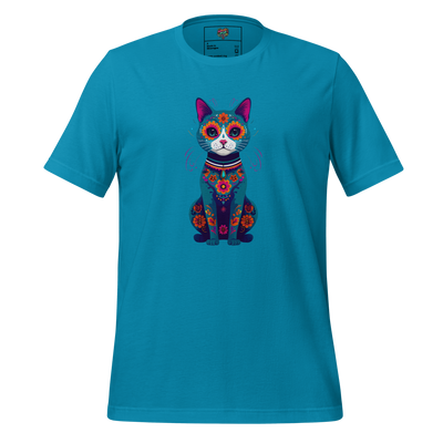 Day of the Dead Cat Sitting Shirt Aqua