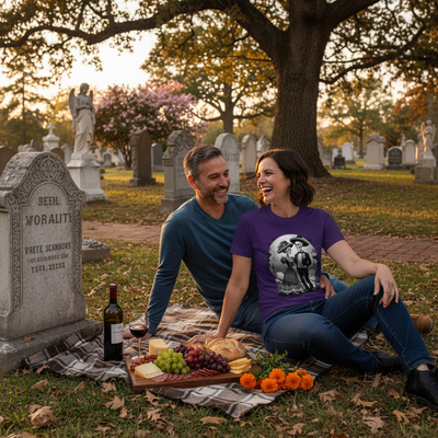 A couple sitting on a blanket in a cemetery, with a picnic spread including grapes, cheese, bread, and orange flowers. The woman wears a purple graphic T-shirt with a black-and-white portrait print.