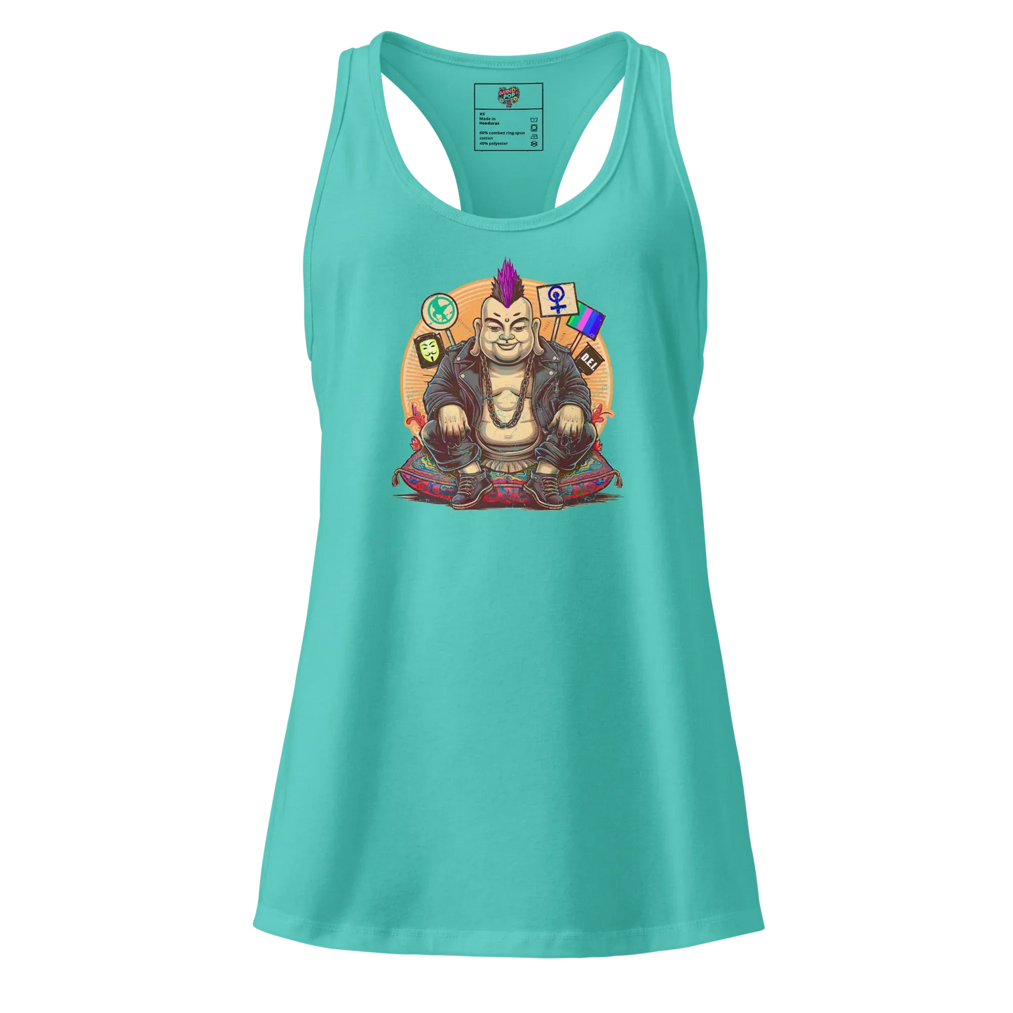 Enlightened Sit-In Punk Buddha fitted racerback tank top Tahiti Blue