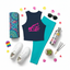 A flat-lay arrangement of activewear and wellness accessories on a white background, including a navy tank top with a pink 'I GET BENT' graphic, teal leggings, a colorful patterned yoga mat, white sneakers, black sunglasses, a water bottle, a small succulent, incense sticks, and a rainbow wristband.