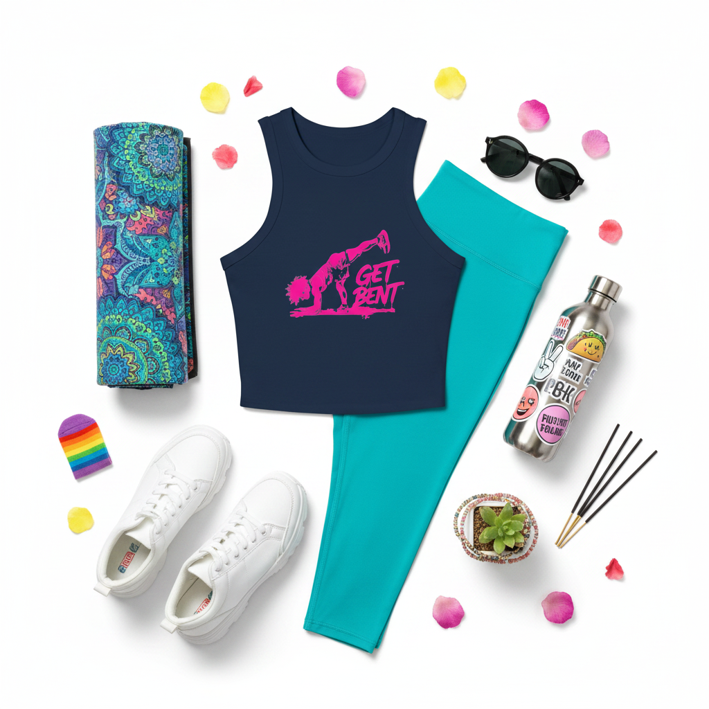 A flat-lay arrangement of activewear and wellness accessories on a white background, including a navy tank top with a pink 'I GET BENT' graphic, teal leggings, a colorful patterned yoga mat, white sneakers, black sunglasses, a water bottle, a small succulent, incense sticks, and a rainbow wristband.