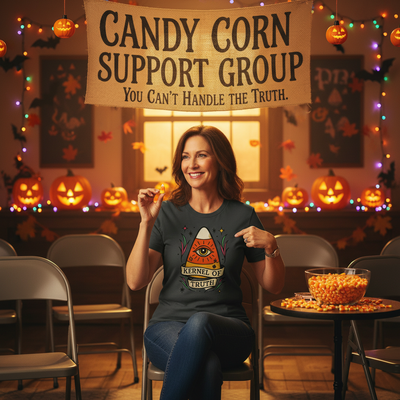 A woman sits in a chair at a Halloween-themed event, wearing a dark gray t-shirt with a graphic of a pyramid and an eye of providence labeled 'KINNEL OF WELSH'. She is surrounded by jack-o'-lanterns, candy corn, and a banner that reads 'CANDY CORN SUPPORT GROUP'.