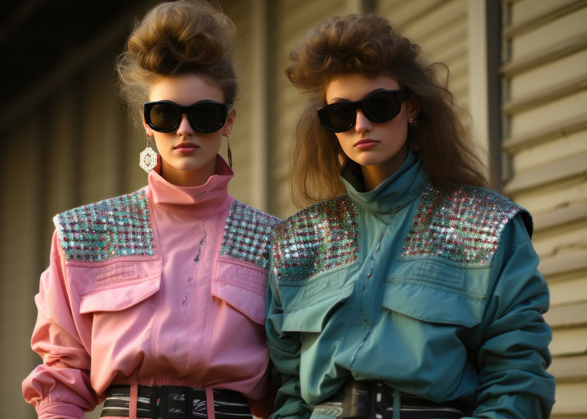 Two women in futuristic outfits standing side by side against a neutral background.