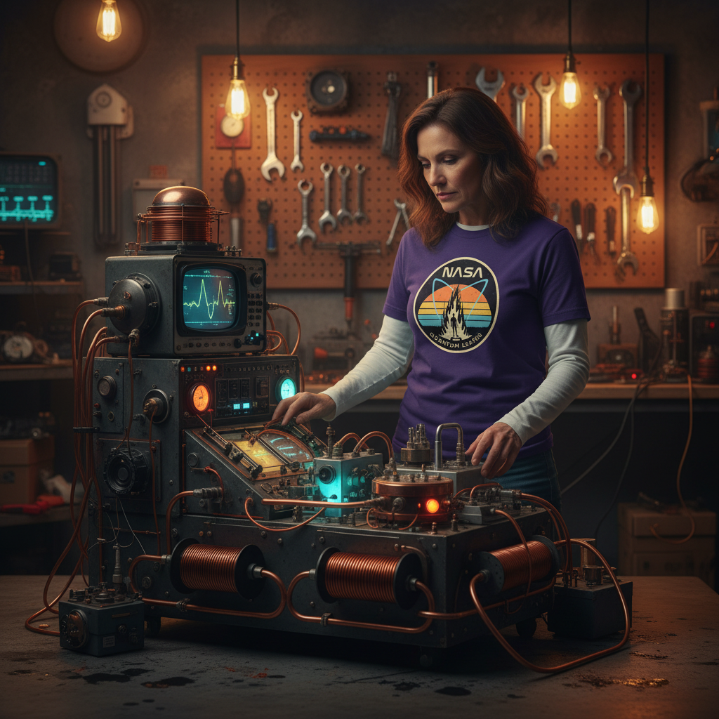 Person wearing a NASA t-shirt in a workshop setting with electronic equipment.