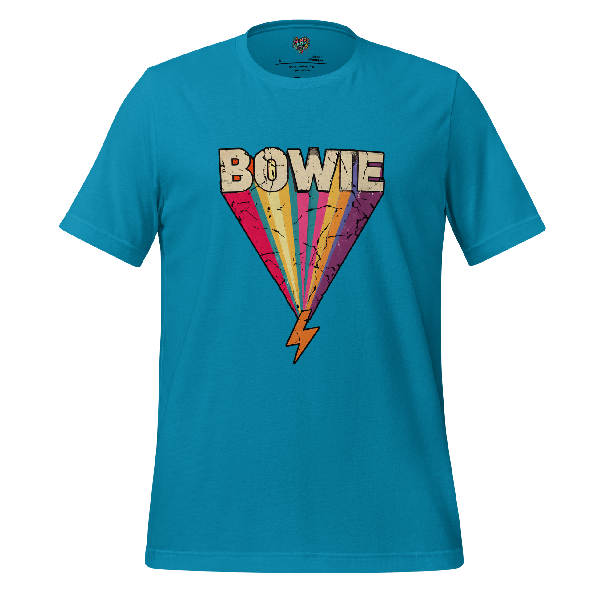 Bowie's Ziggy Stardust Lightning Bolt Tee — 70s Glam Rock Style Aqua