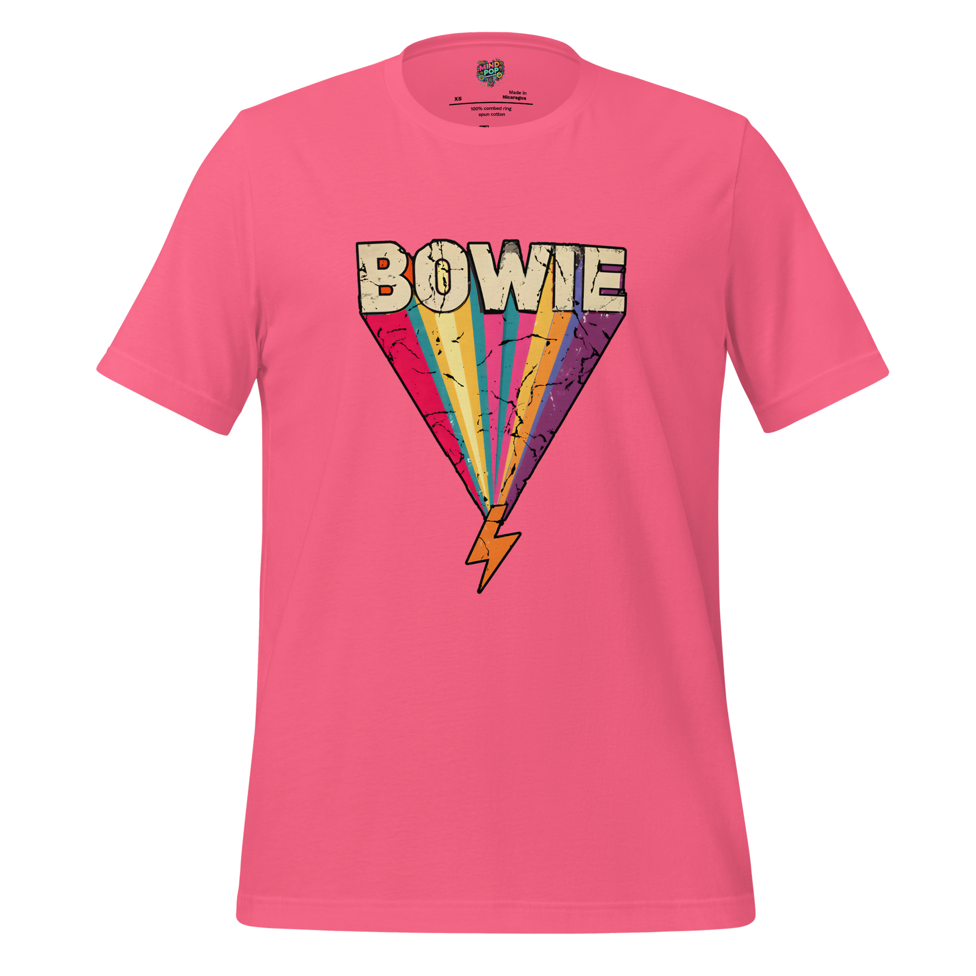 Bowie's Ziggy Stardust Lightning Bolt Tee — 70s Glam Rock Style Charity Pink