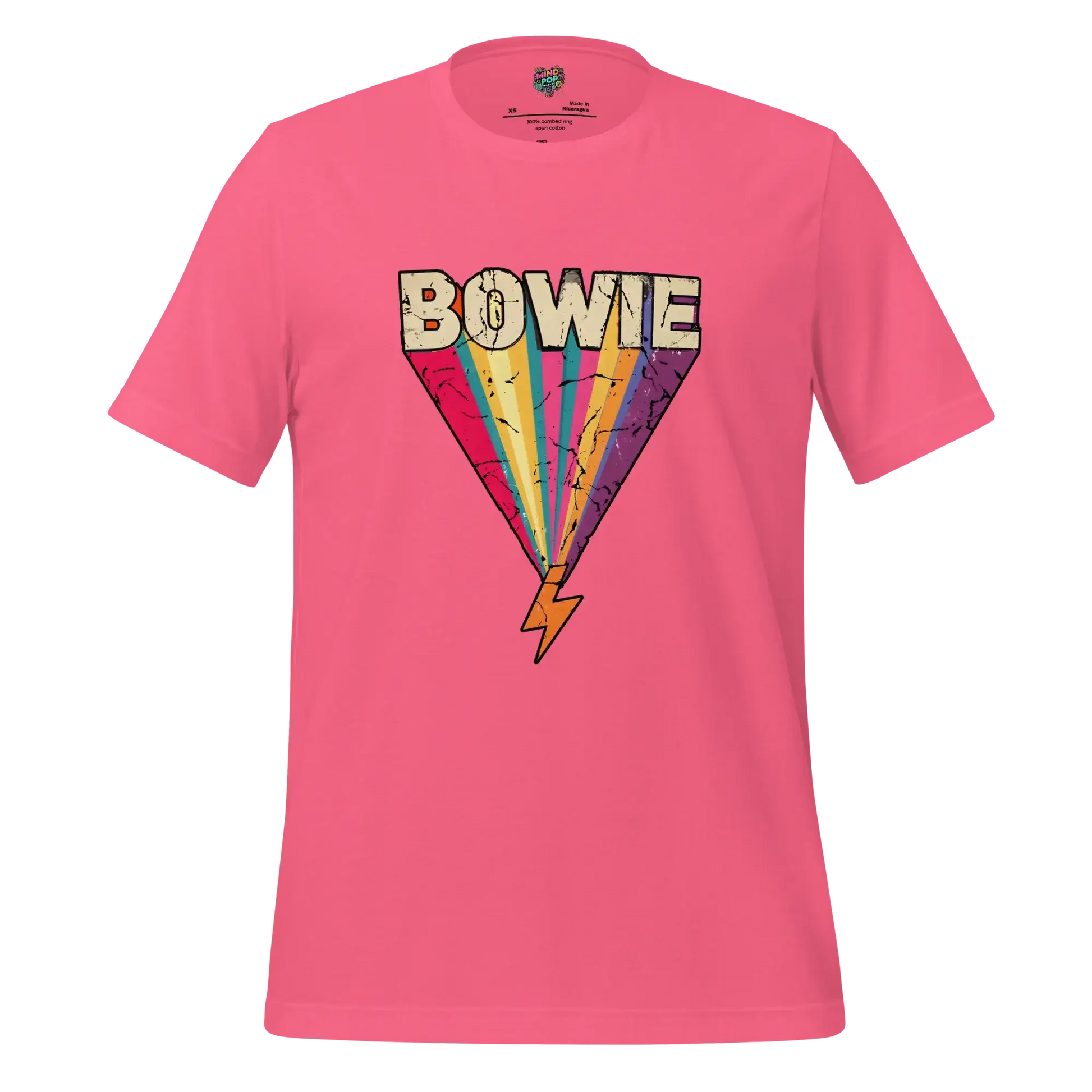 Bowie's Ziggy Stardust Lightning Bolt Tee — 70s Glam Rock Style Charity Pink