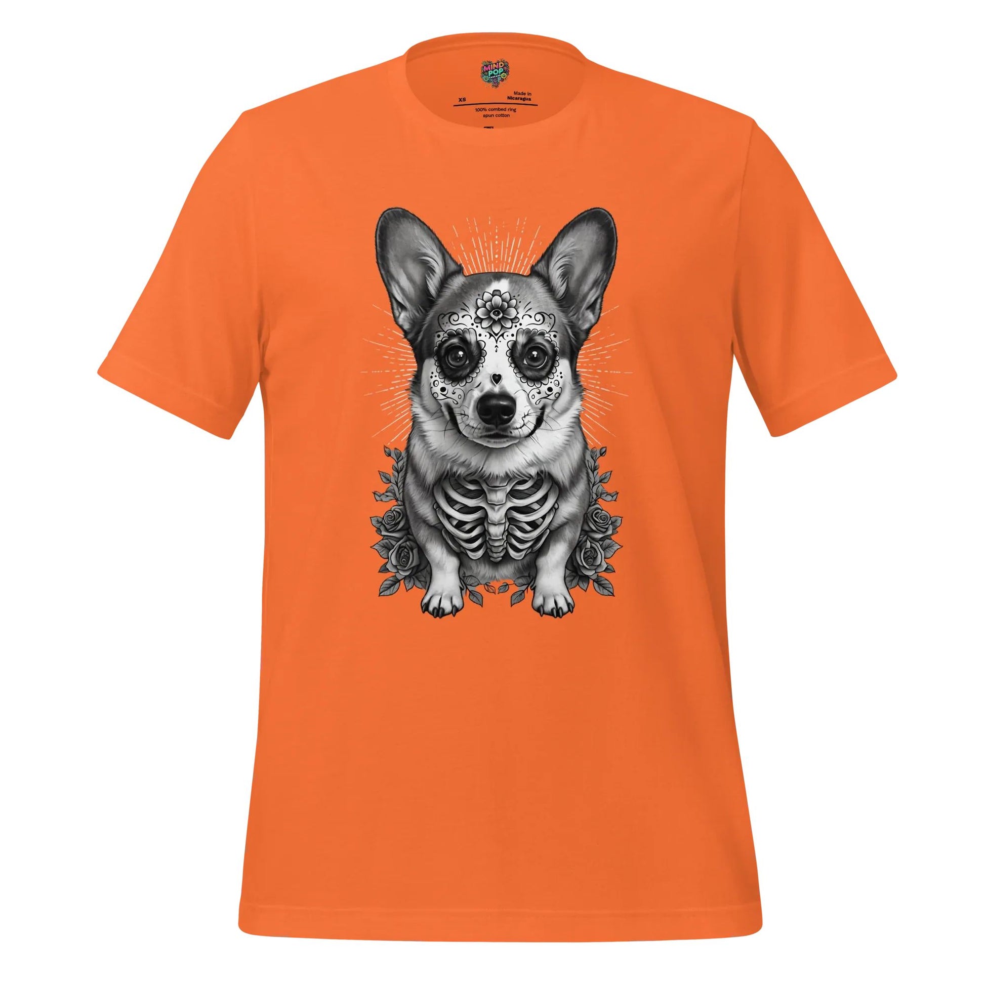 Sugar Skull Corgi Day of the Dead Cotton Shirt Orange