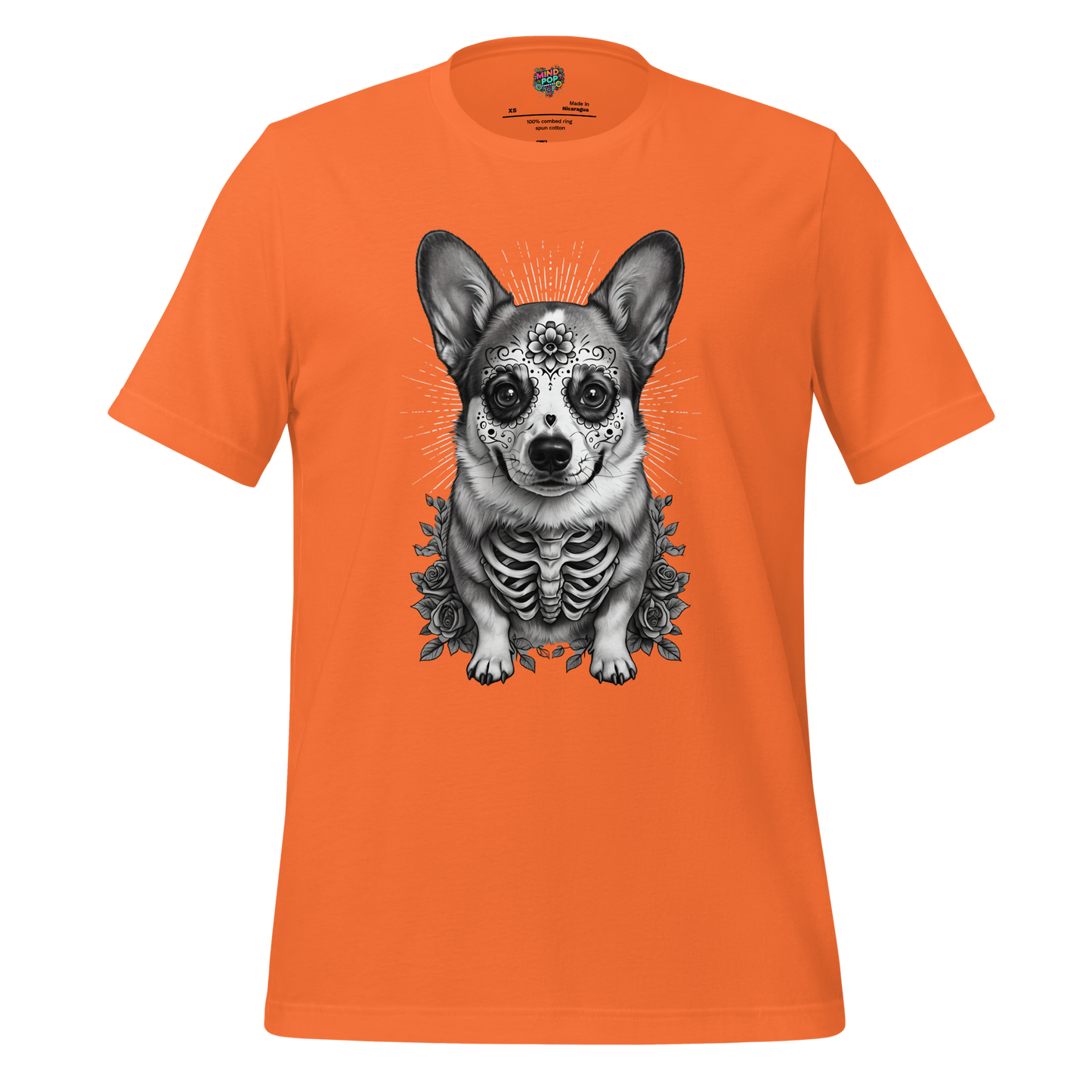 Sugar Skull Corgi Day of the Dead Cotton Shirt Orange