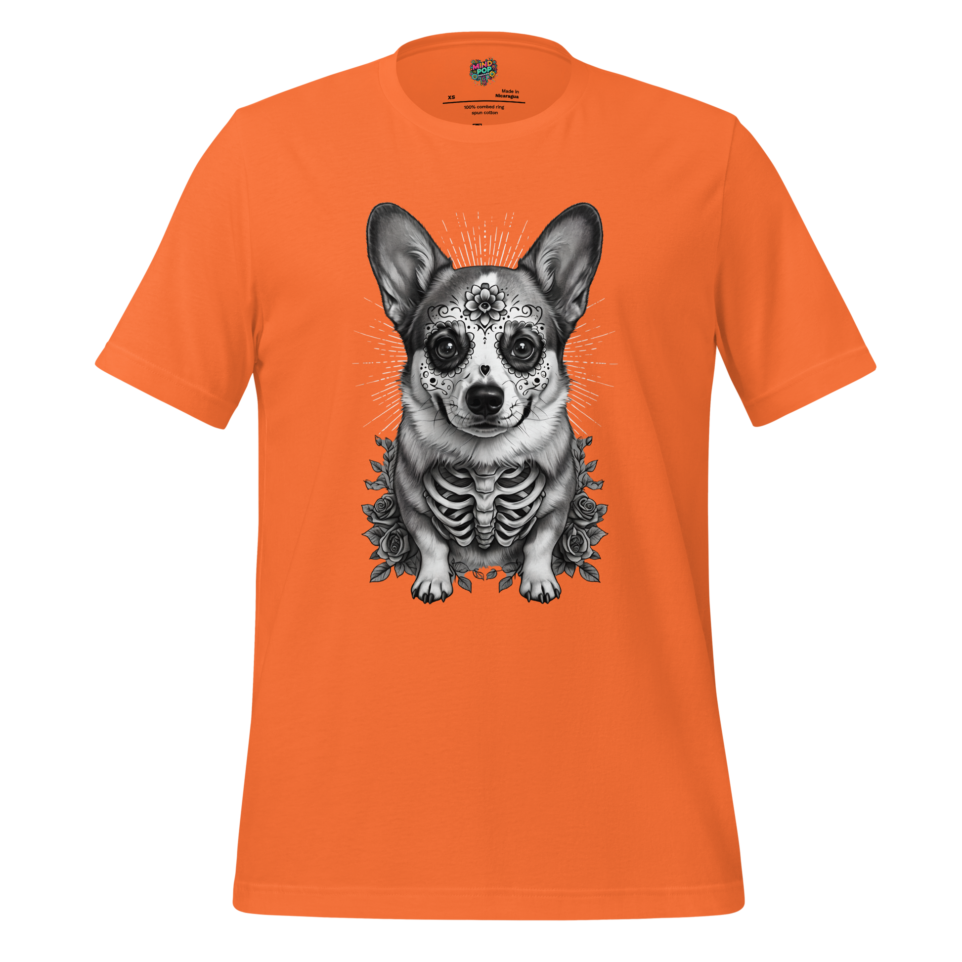 Sugar Skull Corgi Day of the Dead Cotton Shirt Orange