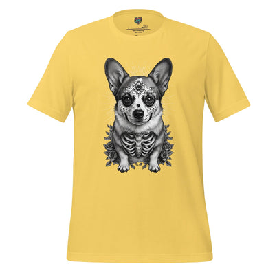 Sugar Skull Corgi Day of the Dead Cotton Shirt Yellow