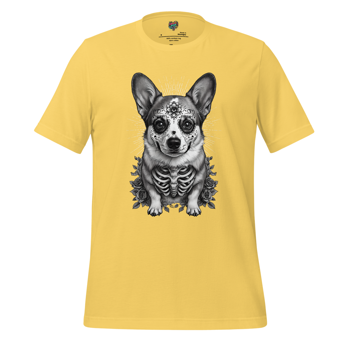 Sugar Skull Corgi Day of the Dead Cotton Shirt Yellow