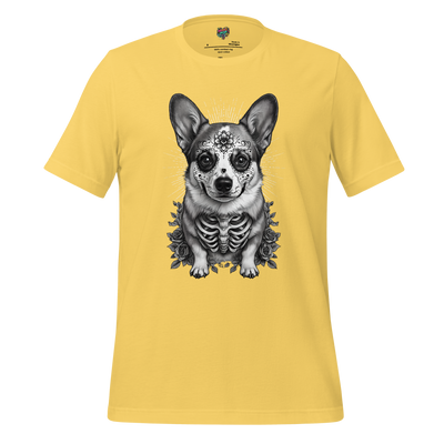 Sugar Skull Corgi Day of the Dead Cotton Shirt Yellow