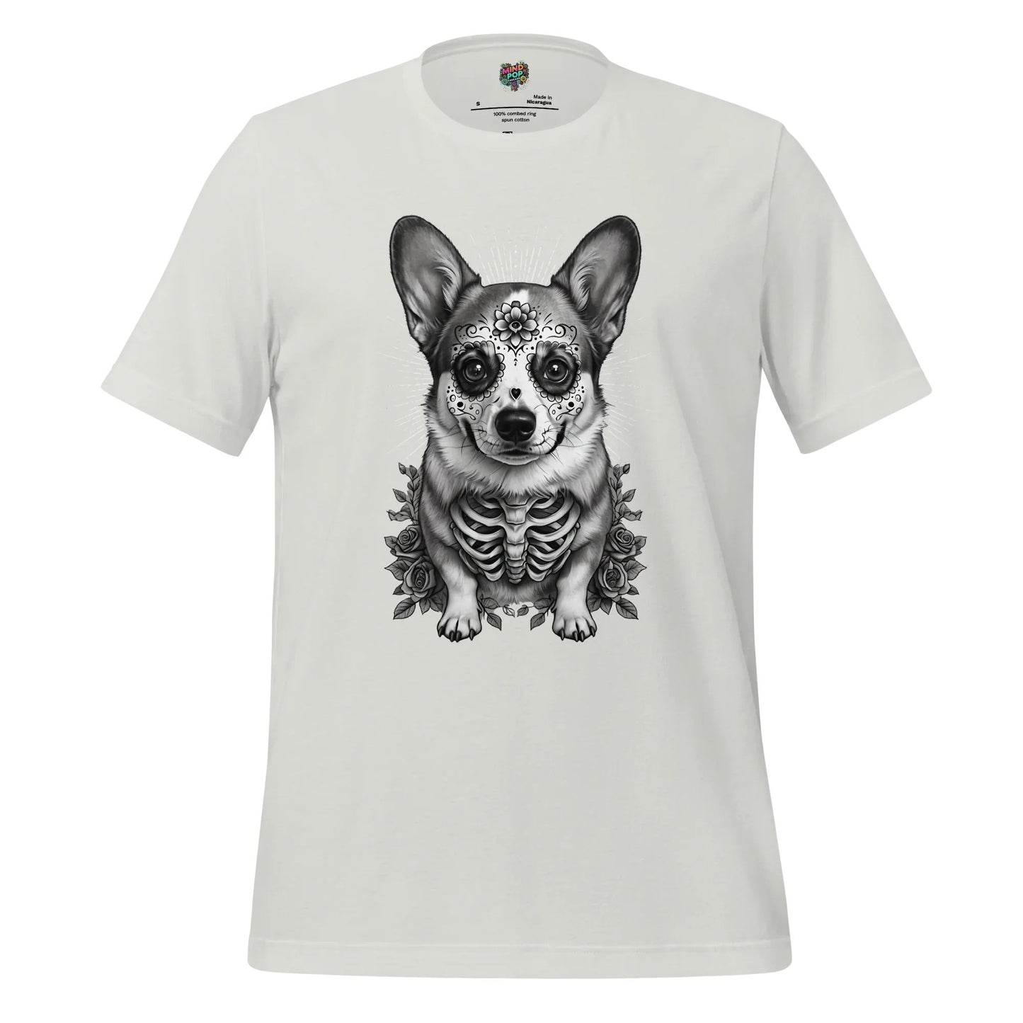 Sugar Skull Corgi Day of the Dead Cotton Shirt Silver
