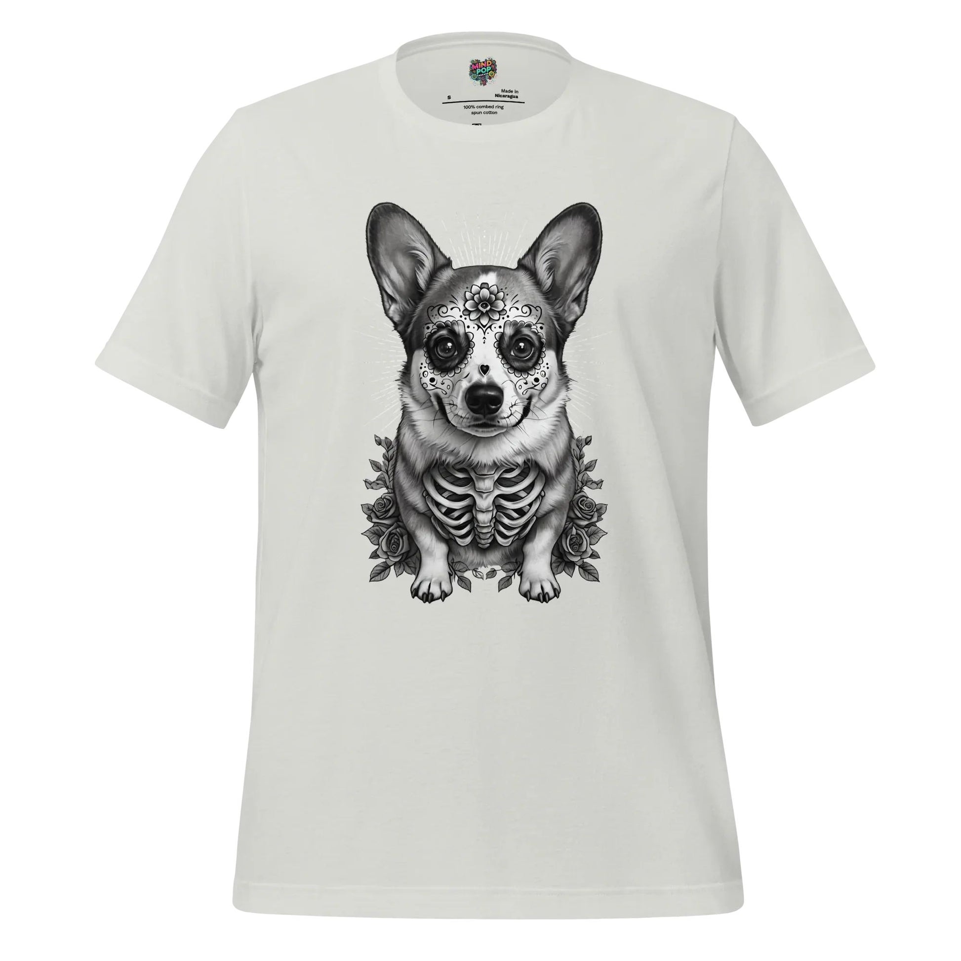 Sugar Skull Corgi Day of the Dead Cotton Shirt Silver