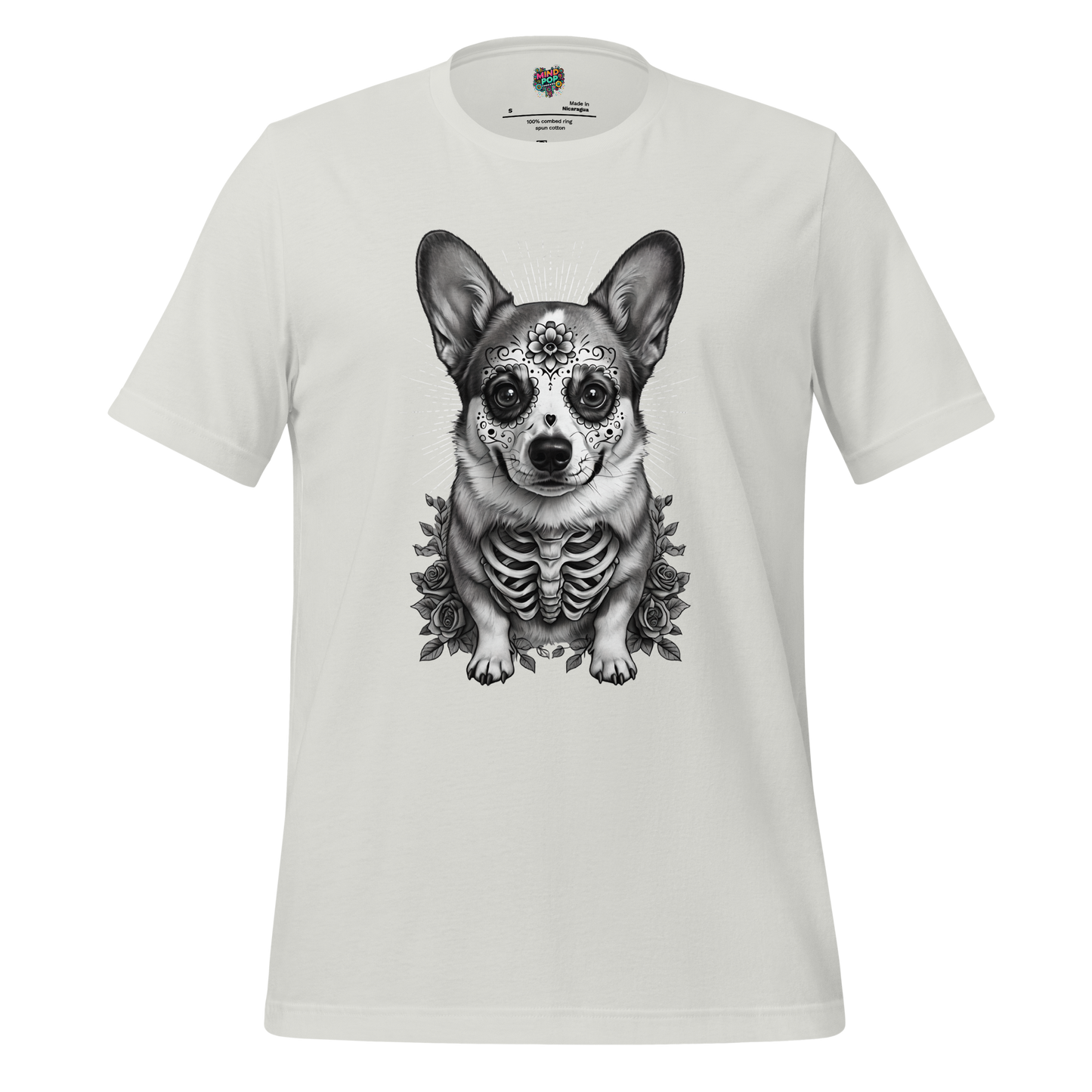 Sugar Skull Corgi Day of the Dead Cotton Shirt Silver