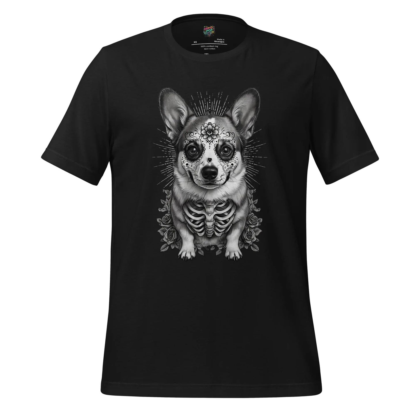 Sugar Skull Corgi Day of the Dead Cotton Shirt Vintage Black