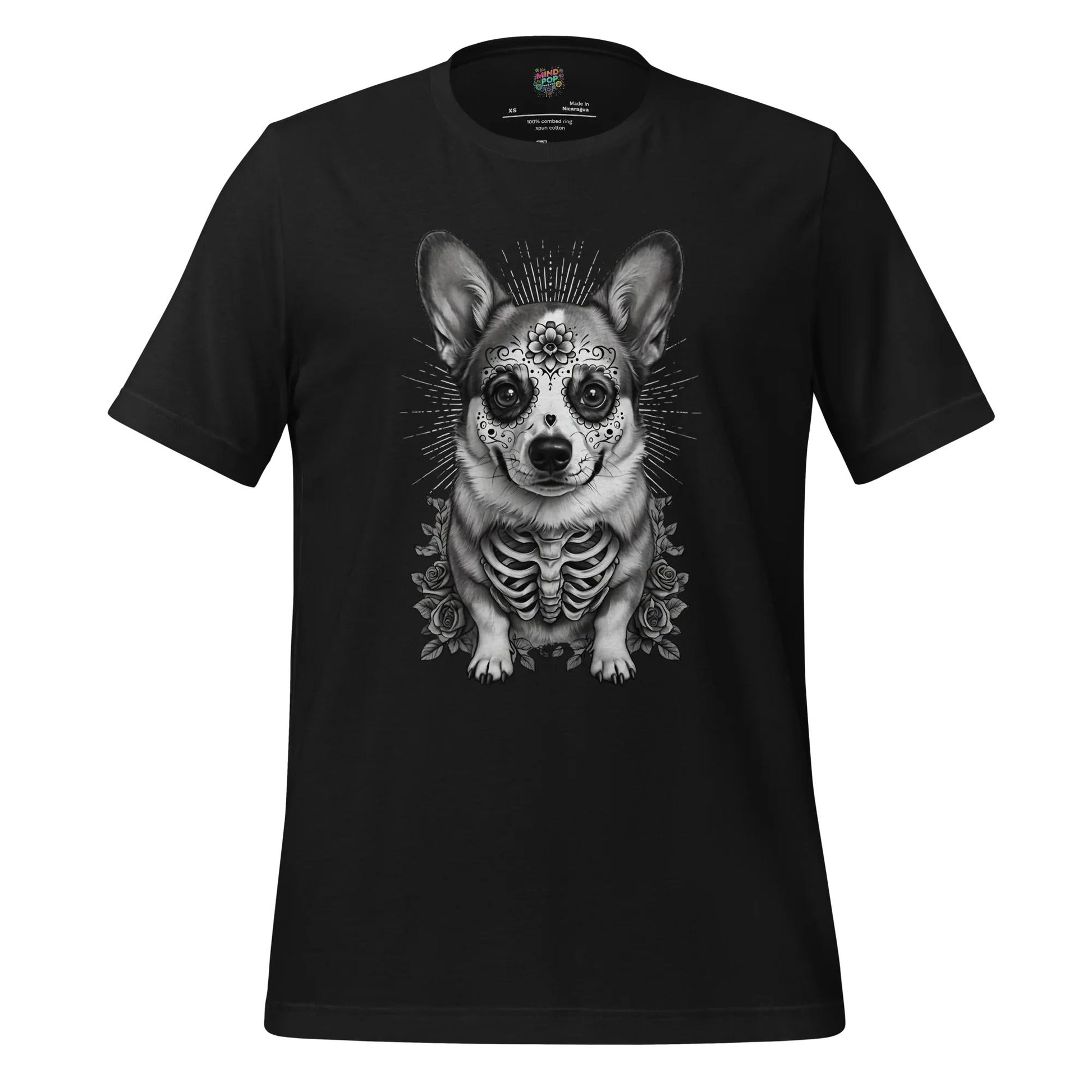 Sugar Skull Corgi Day of the Dead Cotton Shirt Vintage Black