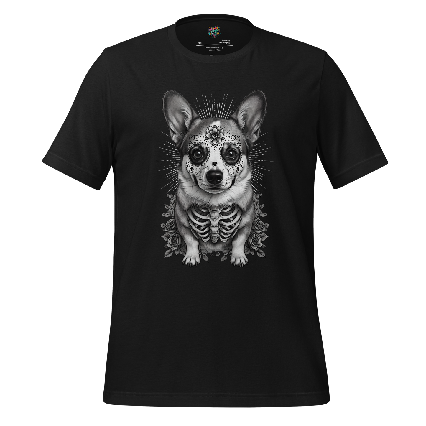 Sugar Skull Corgi Day of the Dead Cotton Shirt Vintage Black
