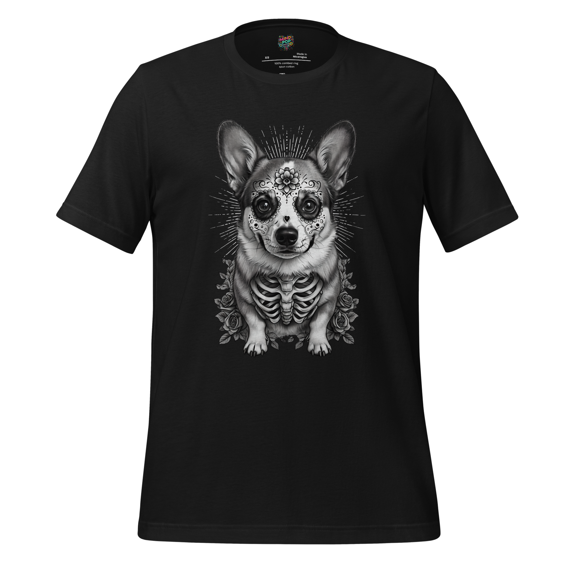 Sugar Skull Corgi Day of the Dead Cotton Shirt Vintage Black