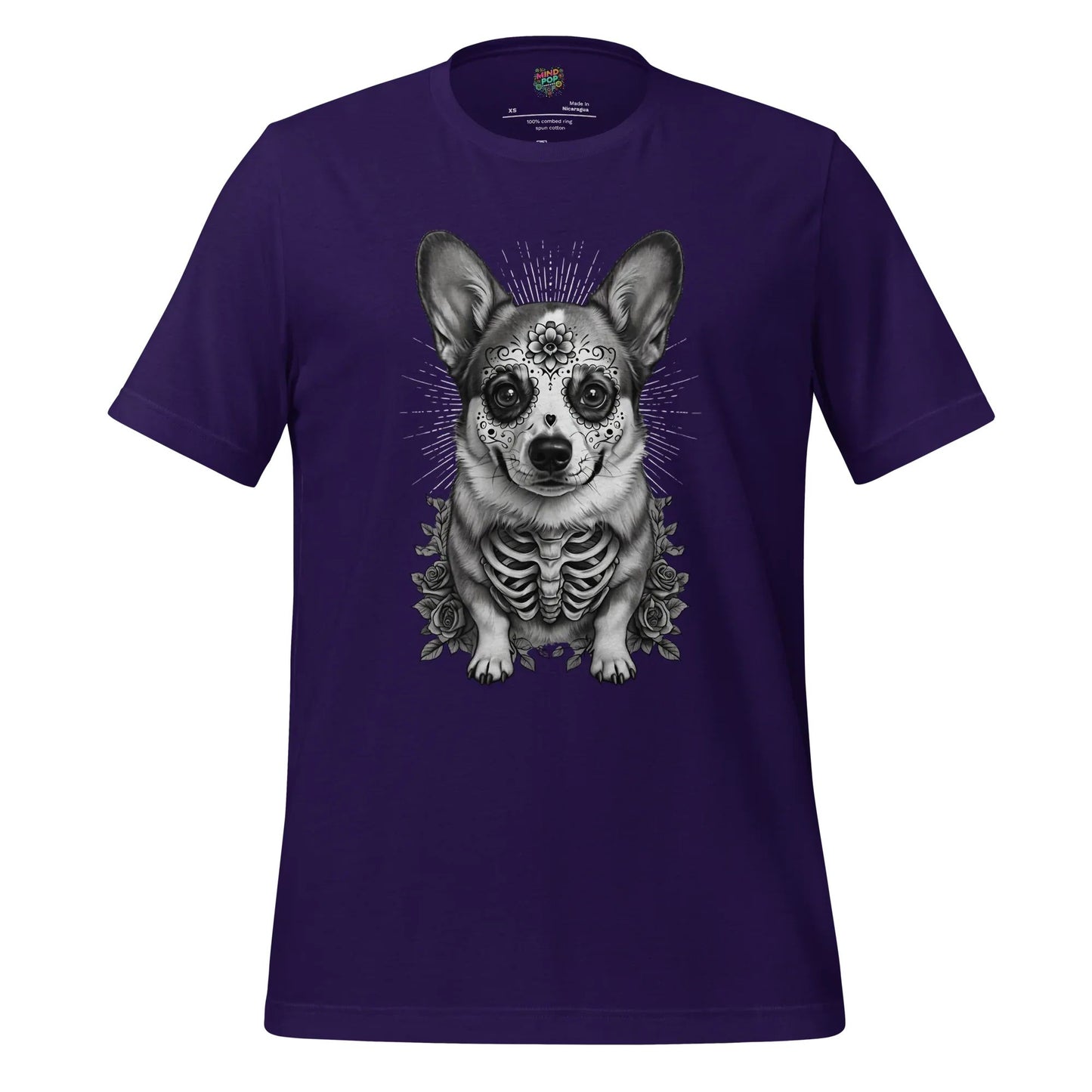 Sugar Skull Corgi Day of the Dead Cotton Shirt Team Purple