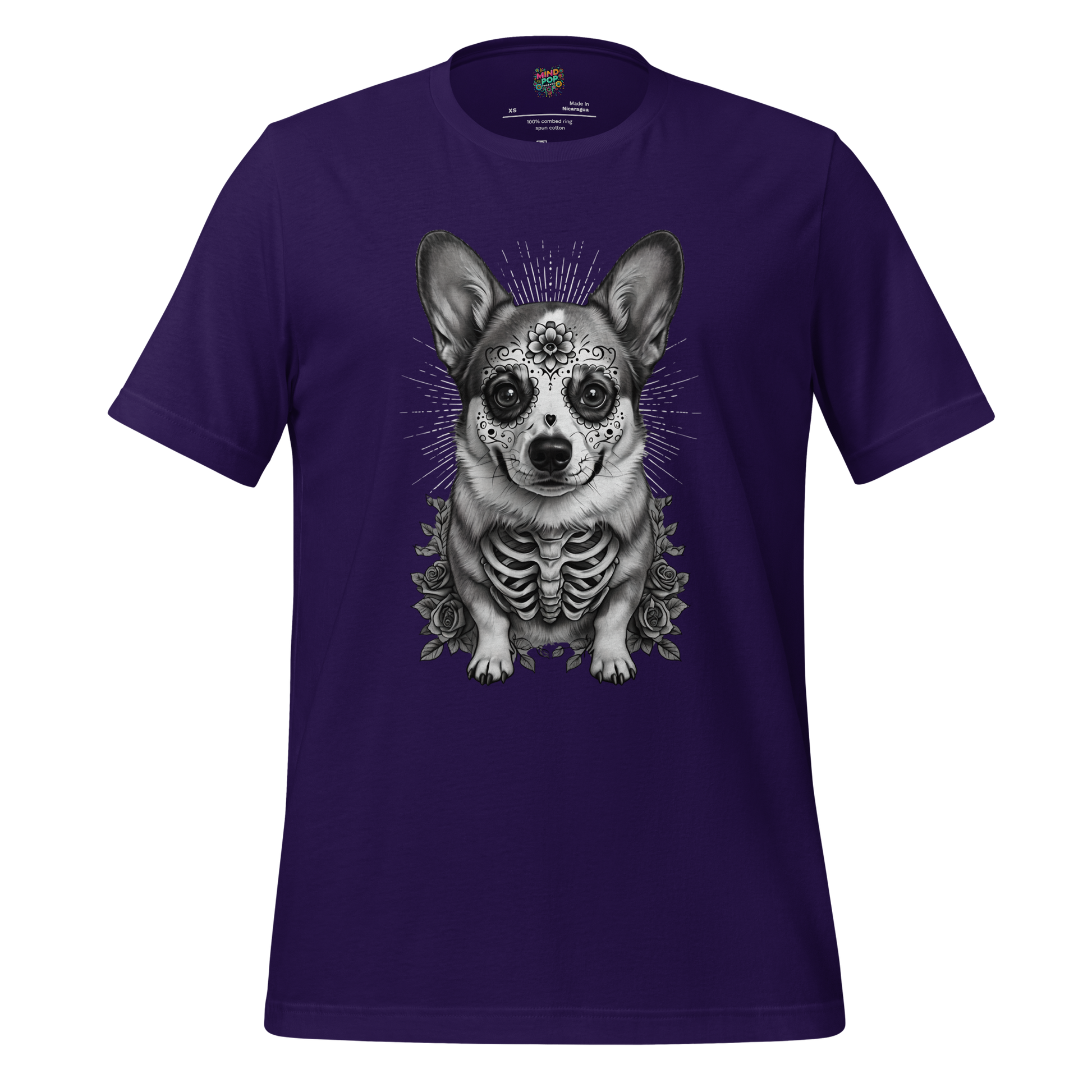 Sugar Skull Corgi Day of the Dead Cotton Shirt Team Purple